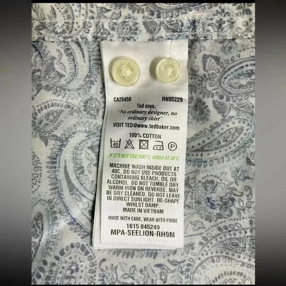 EUC Ted Baker Blue & White Paisley Long Sleeve Button-Up Shirt Sz. 15 34/35 - Picture 4 of 4
